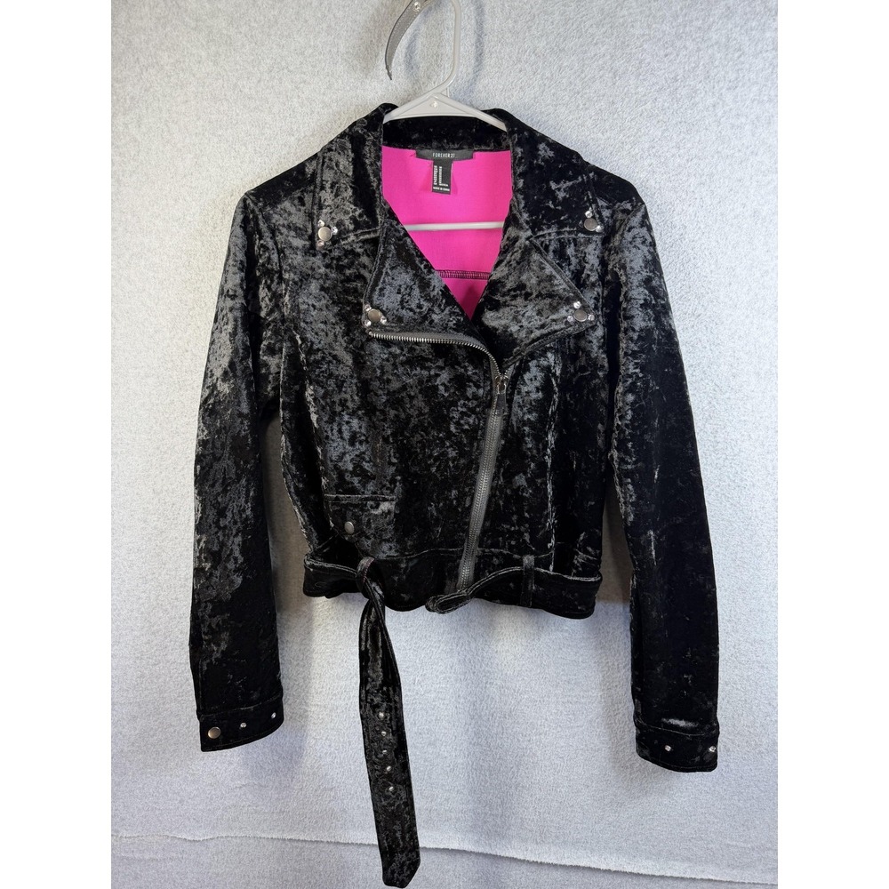Forever 21 Jacket Womens Medium Black Crushed Velvet Moto Biker Zip Belted Lined
